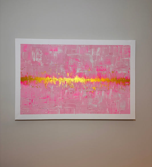 Pink and gold abstract heartbeat painting.