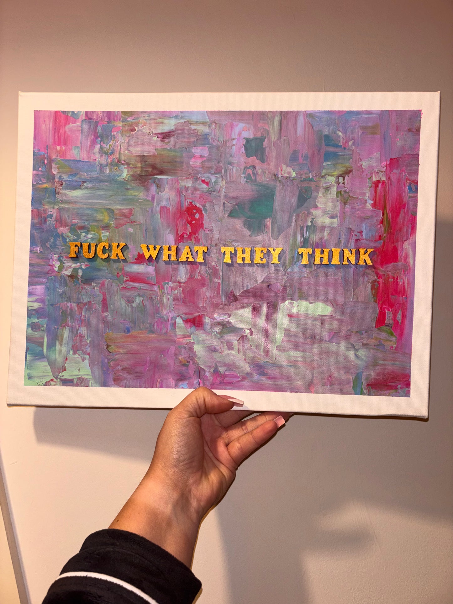 Maximalist acrylic on canvas quoted painting. 30x20cms